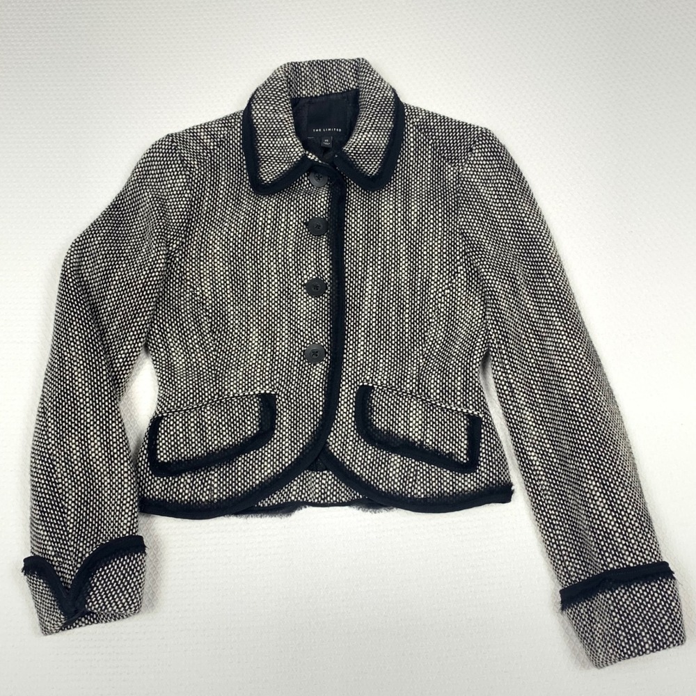 The Limited Women Black White Wool Blend Textured Cropped Blazer Jacket XS